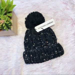 NWT Adrienne Landau Black Rib Knit Pom Beanie